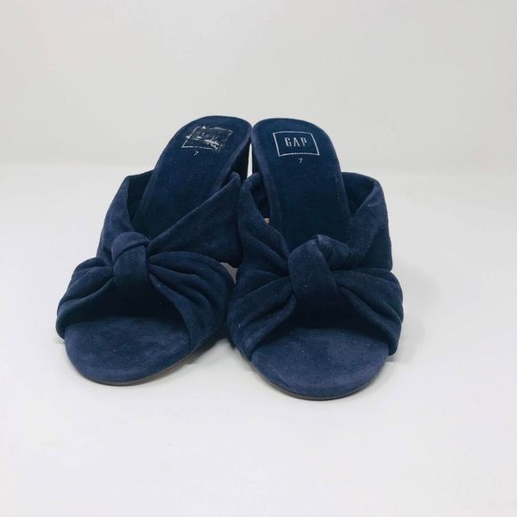 GAP Blue Suede Peep Toe Knotted Mules - Picture 6 of 6